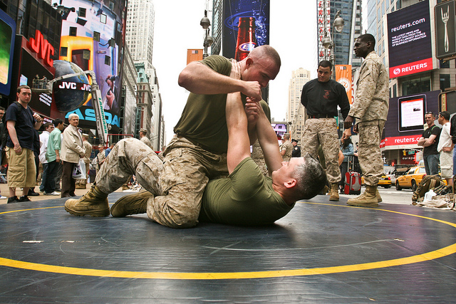U.S. Marines with Special Marine Ground Task Force demonstrated the Marine Corps Martial Arts Program as well as displayed weaponry in support of Fleet Week New York City 2010. More than 3,000 Marines, Sailors and Coast Guardsmen will be in the area participating in community outreach events and equipment demonstrations. This is the 26th year New York City has hosted the sea services for Fleet Week. (U.S. Marine Corps photo by Cpl. Patrick P. Evenson)