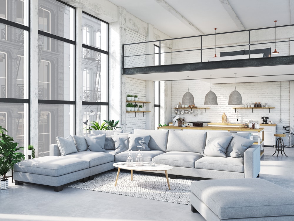 Недвижимость: 3d rendering. loft apartment with living room and kitchen.