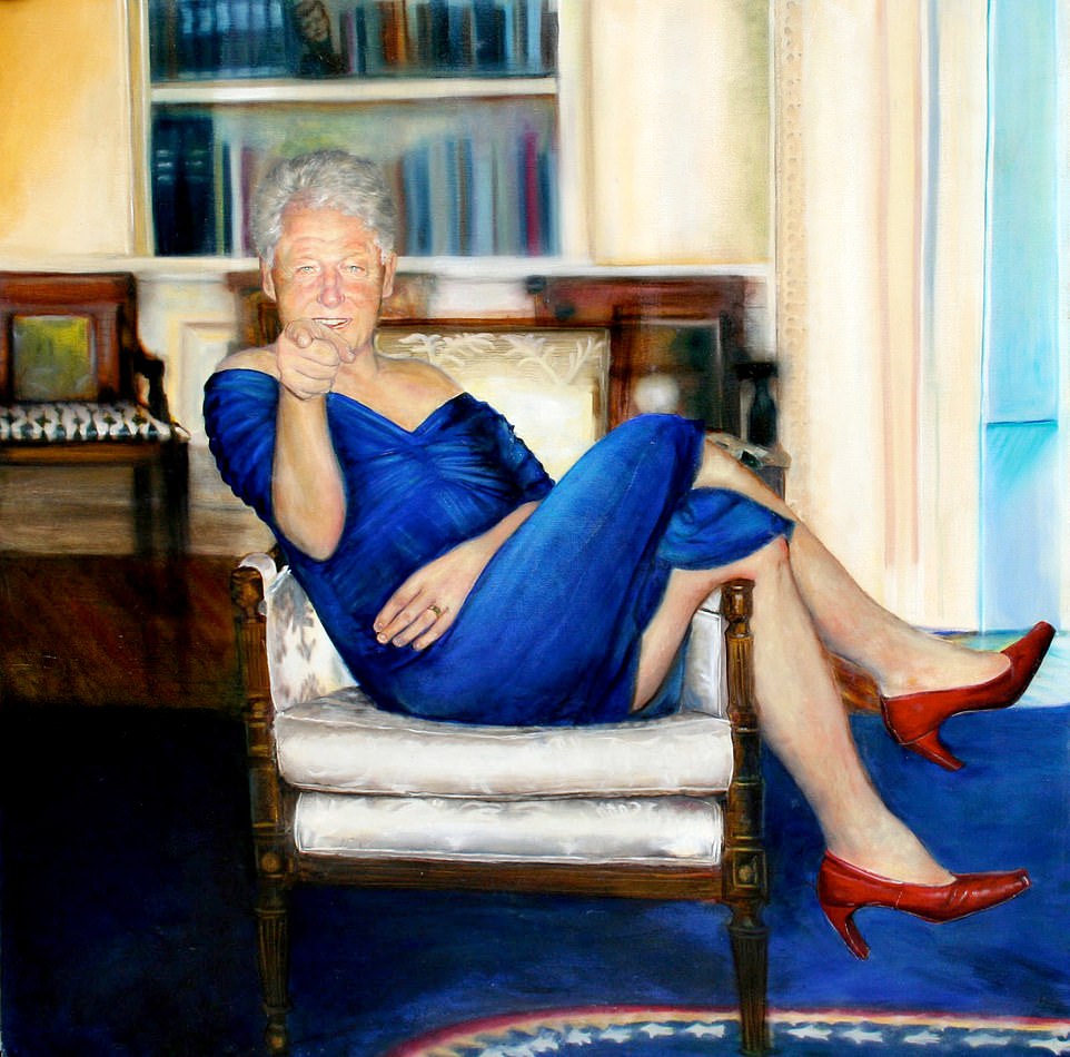 Политика: картина Parsing Bill, изображающая Билла Клинтона в синем платье и на каблуках в кресле в Овальном кабинете