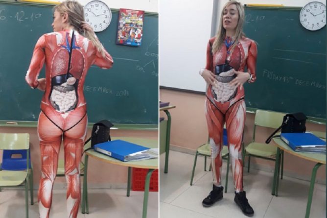 В мире: Учительница объясняла анатомию ученикам, надев облегающий костюм, на котором видно органы и мышцы