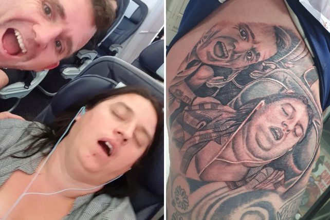 Полезное: Мужчина решил отомстить жене и набил татуировку с фото, на которой она храпит в самолете