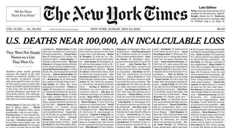 Здоровье: Вместо статей и фото: на первой полосе New York Times – имена умерших от коронавируса в США