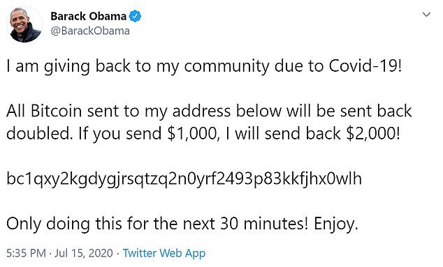 скриншот твита со взломанного аккаунта Обамы