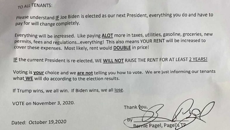 Домовладелец из Колорадо пригрозил жильцам удвоить ренту, если Трамп проиграет выборы